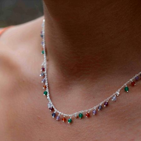 Natural Multi stone necklace, 925 Sterling silver Necklace for women